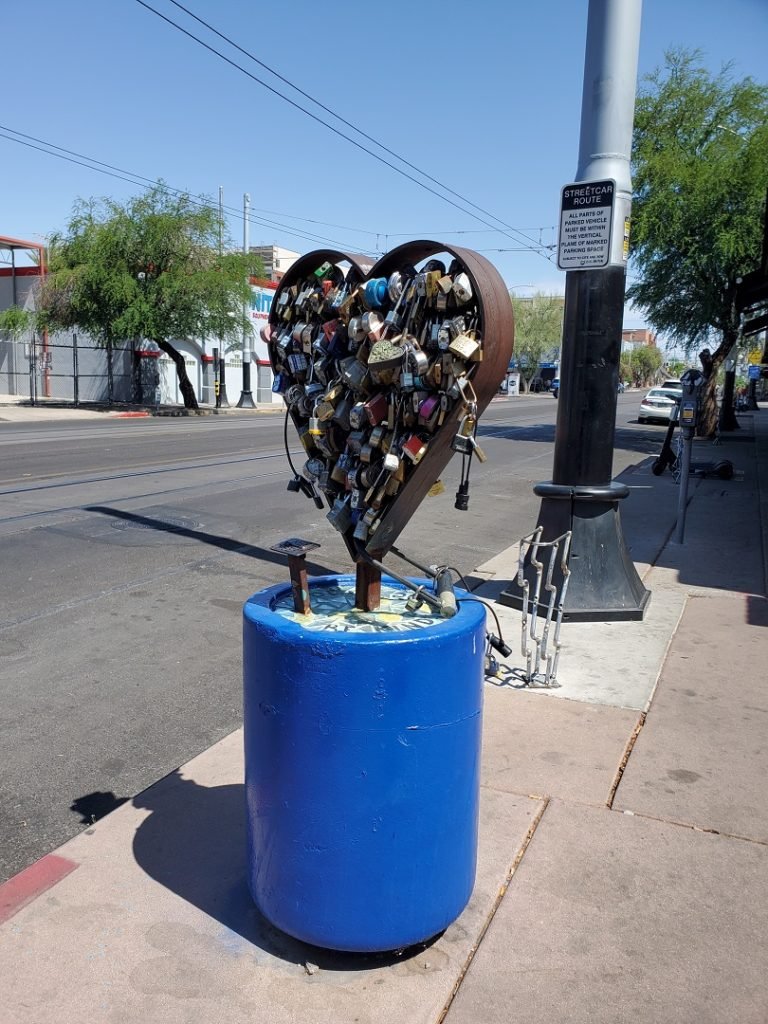 love locks on hart sculpture 4th Ave Tucson May 2021