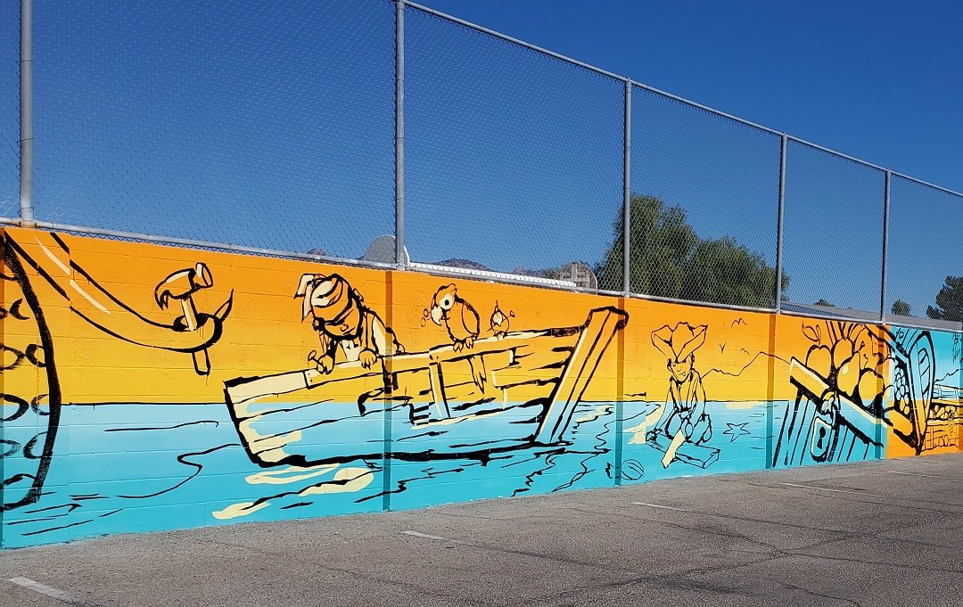 Joe pagac mural parrot and kid pirate