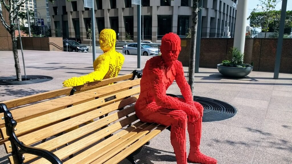 lego men on park bench Los Angeles 2017