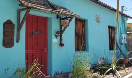 Turquoise painted home on Meyer Avenue Tucson Barrio Viejo 2023