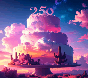 Tucson 250 birthday cake in shake of sunset with saguaros.