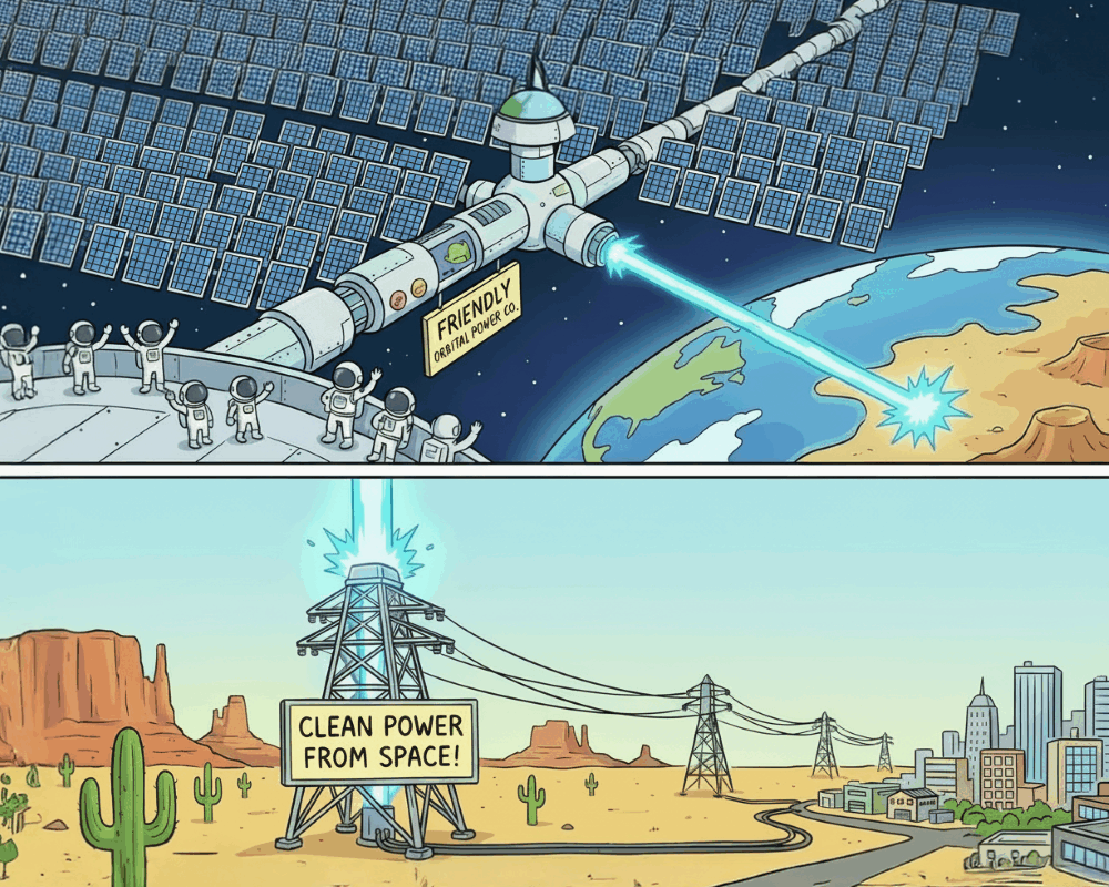 cartoon: friendly orbital power station beaming down power to earth