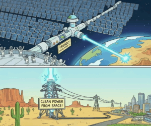 cartoon: friendly orbital power station beaming down power to earth