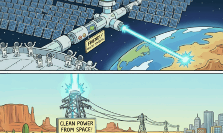 cartoon: friendly orbital power station beaming down power to earth