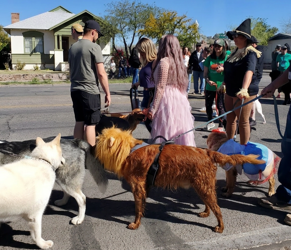 cowardly lion costume on dog at Tucson Pet parade