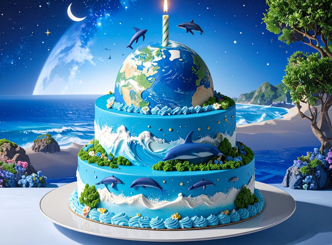 Earth Day cake with dolphins leaping over oceans