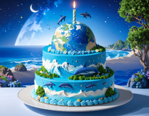 Earth Day cake with dolphins leaping over oceans