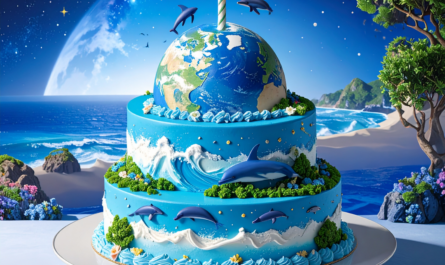 Earth Day cake with dolphins leaping over oceans