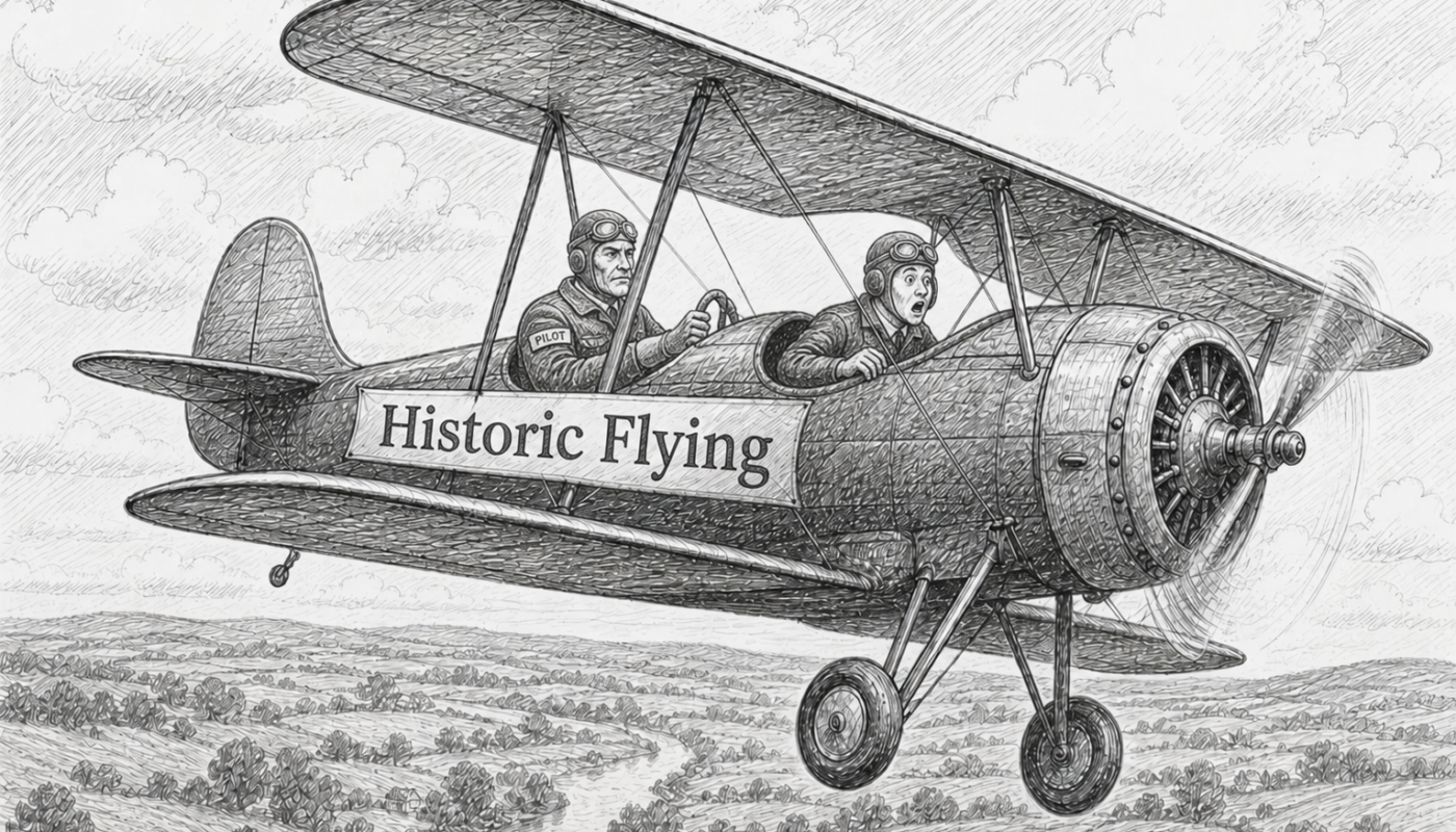 illustration of biwing plane with pilot and passenger